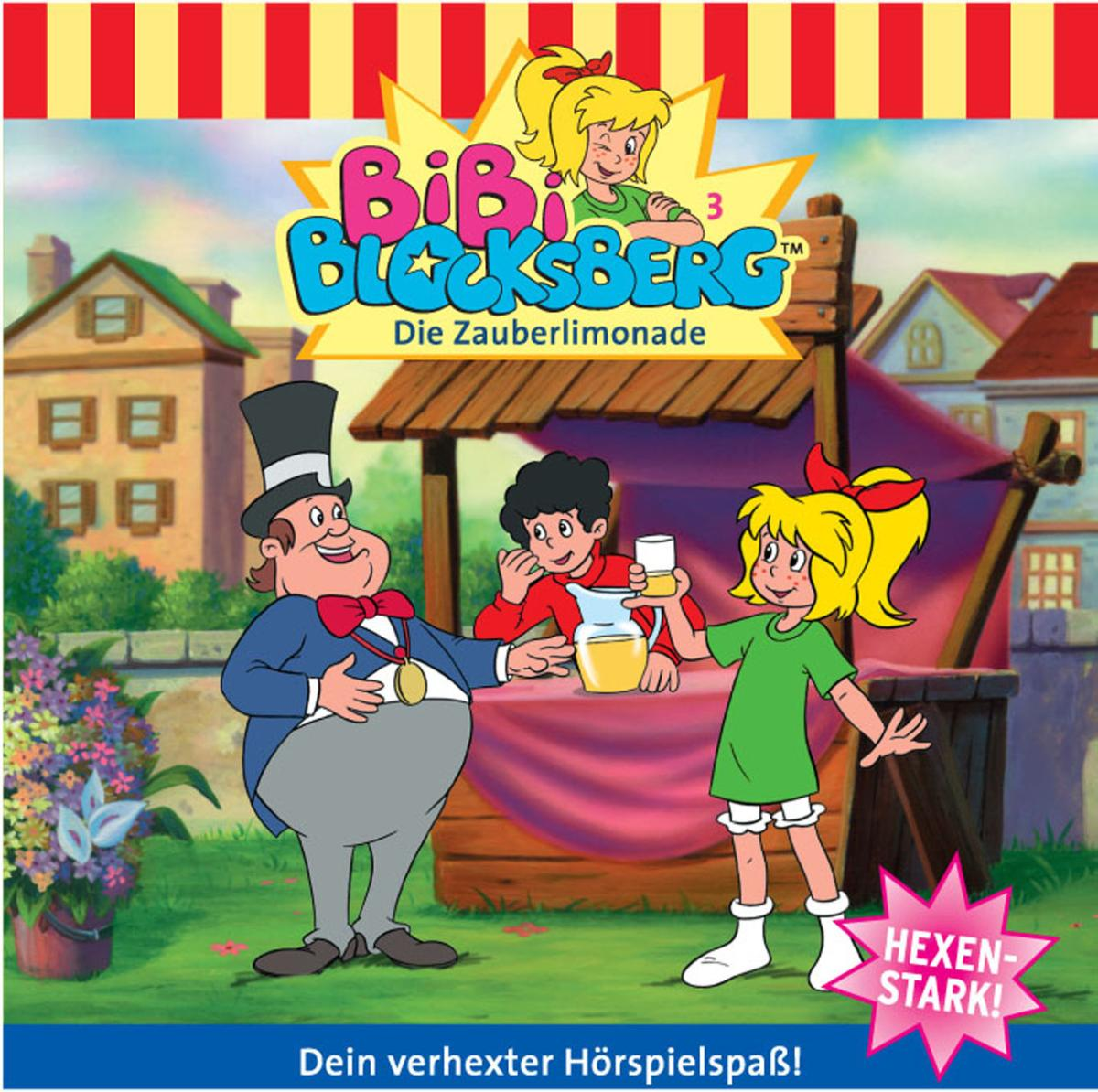 Cartoon-Cover: Bibi Blocksberg. Charaktere: Bibi mit roter Schleife, ein Mann mit Zylinder und zwei andere.