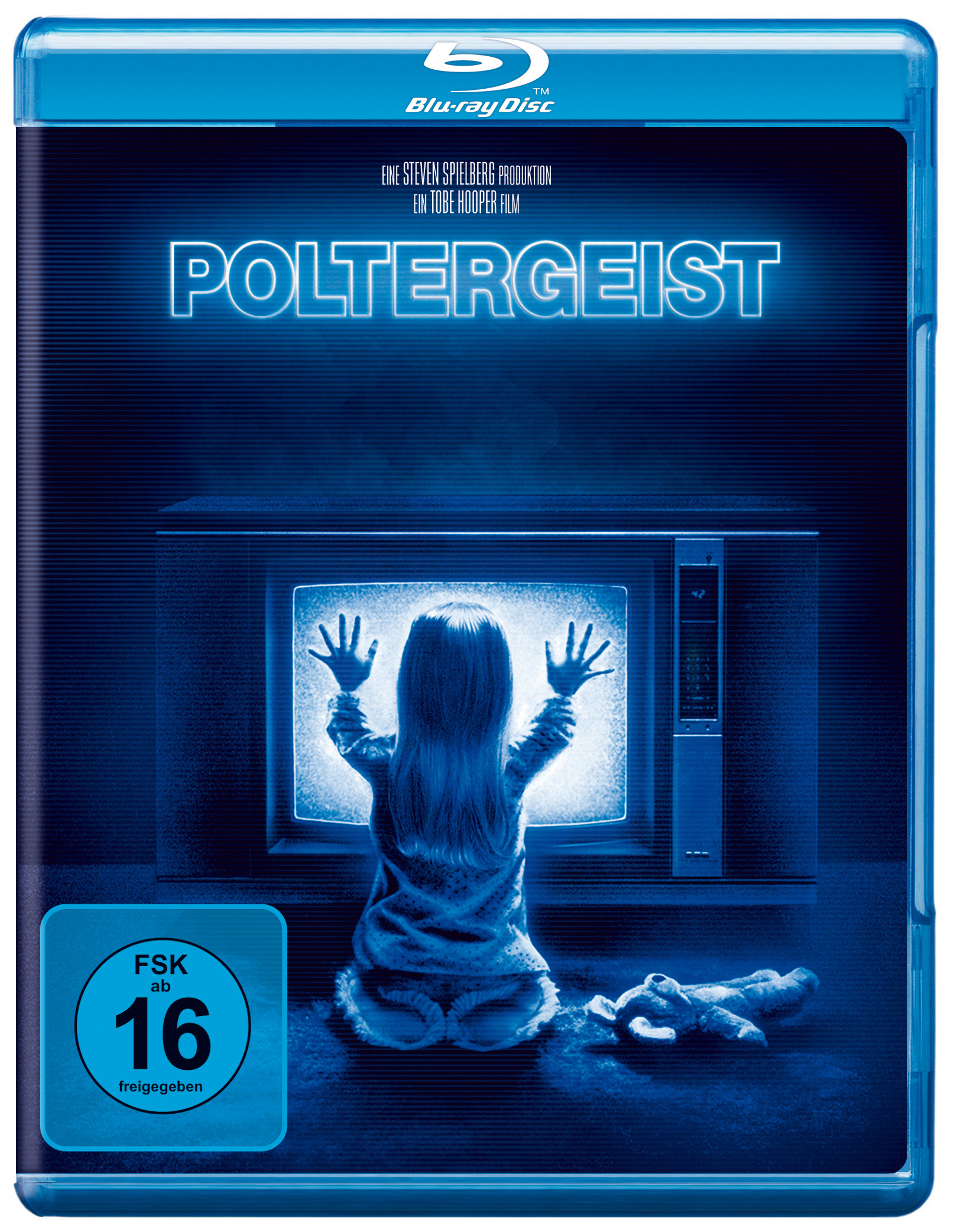 Blaue DVD-Hülle mit einem Mädchen, das nach einem Fernsehbildschirm greift. Der Titel lautet Poltergeist.