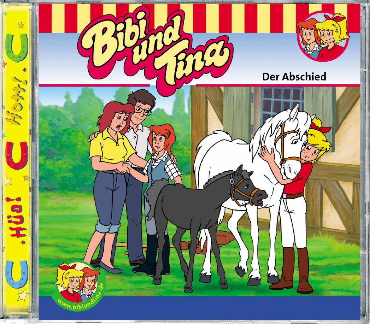 Cartoon-CD-Cover: Familie mit Pferden, Bauernhofszene, bunt, mit Text.