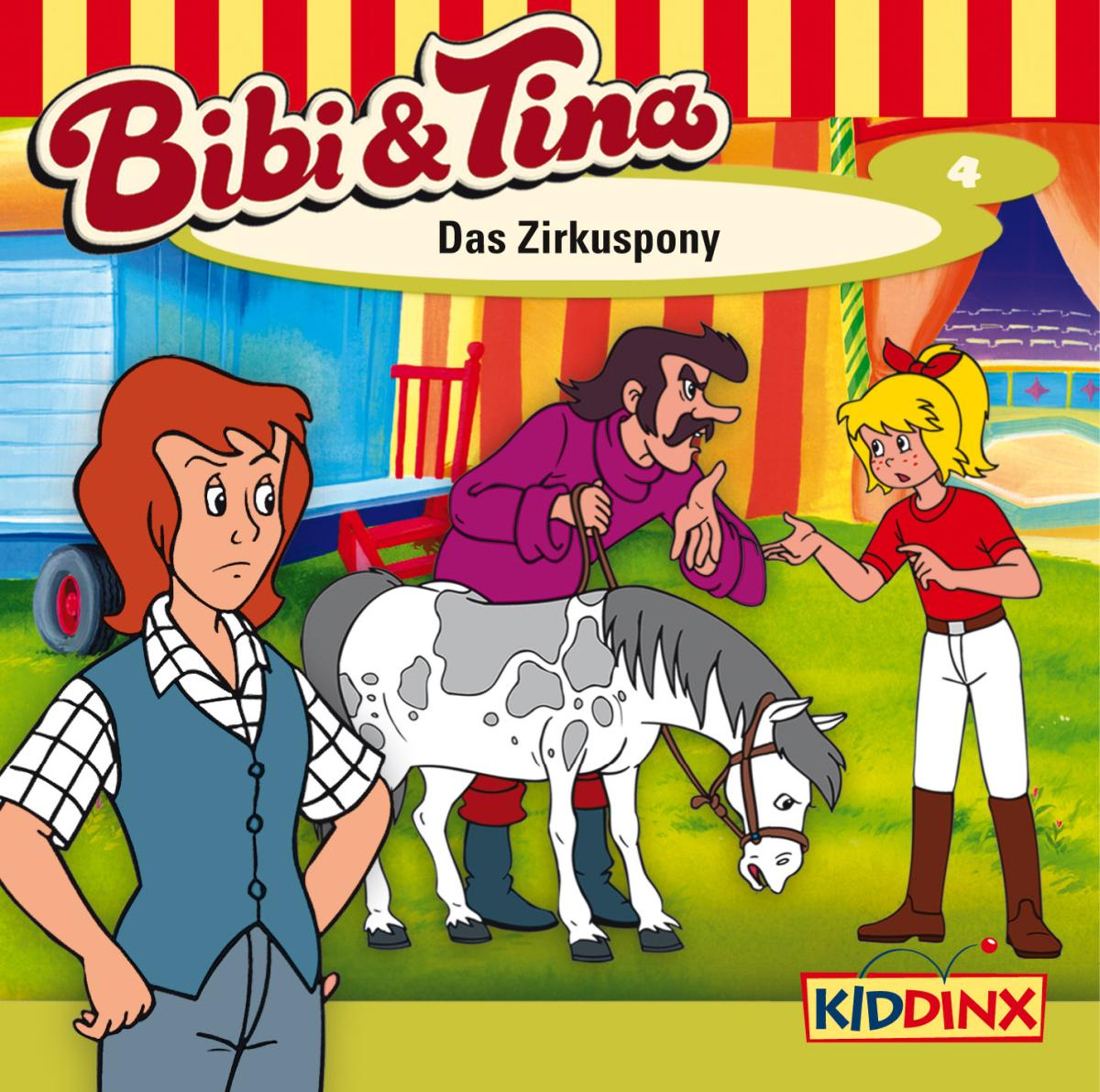 Cartoon-Szene mit Mädchen, Pony und Mann. Zirkuszelt. Titel: Bibi & Tina, Das Zirkuspony. Bunt.