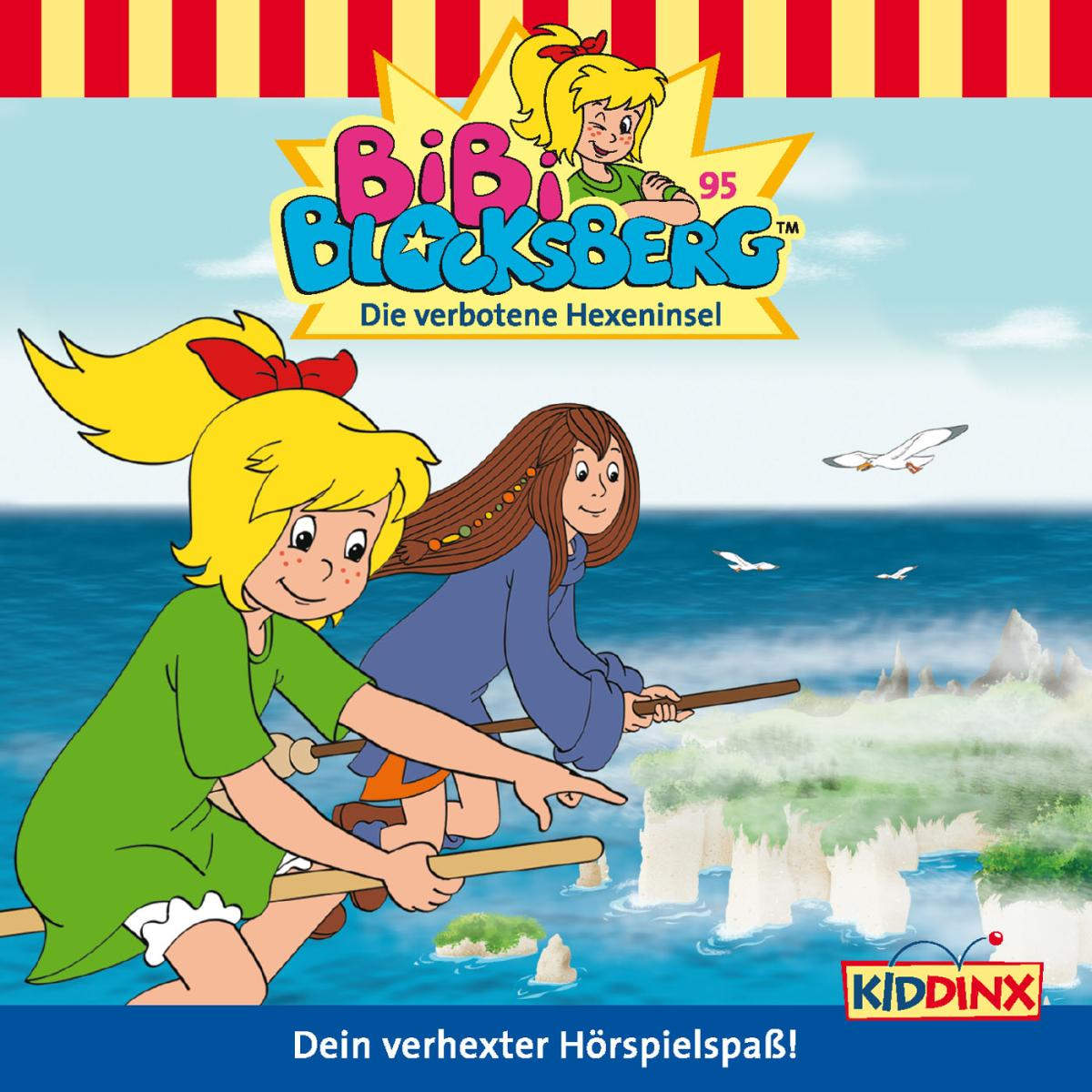 Bibi Blocksberg Animationscover. Zwei Mädchen fliegen auf Besen, Cartoon-Stil, blauer Hintergrund.