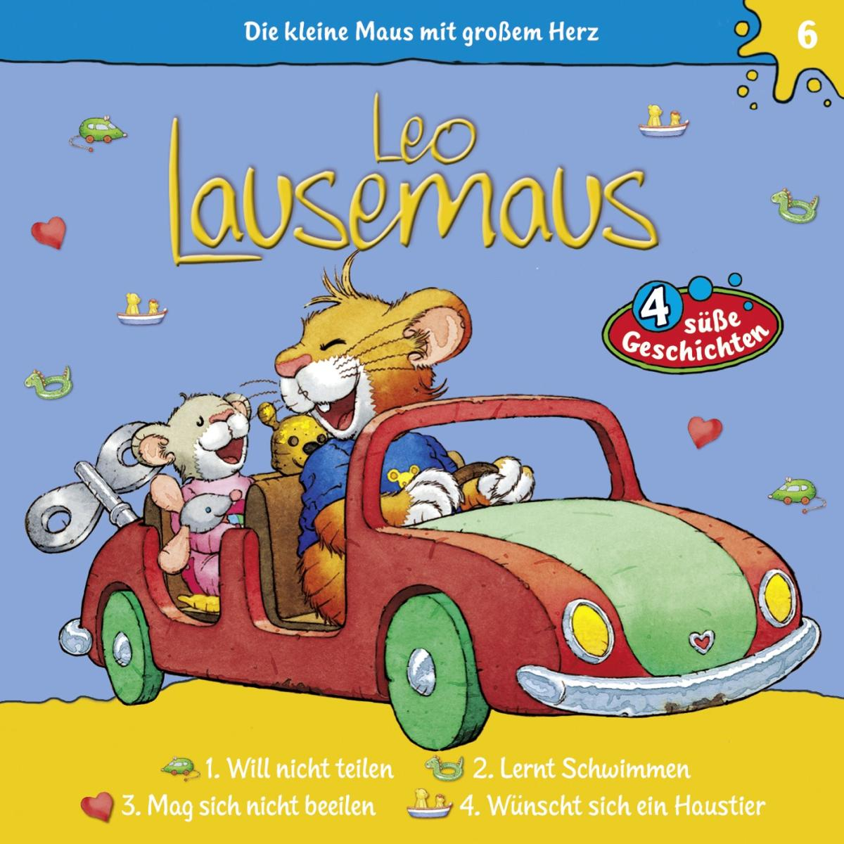Albumcover: Zeichentrickmaus fährt Auto, mit Text und Herz-Illustrationen.