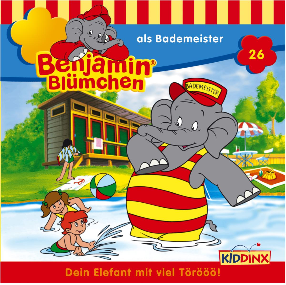 Cover: Benjamin Blümchen Cartoon. Elefant im Pool, Kinder, Worte auf Deutsch.