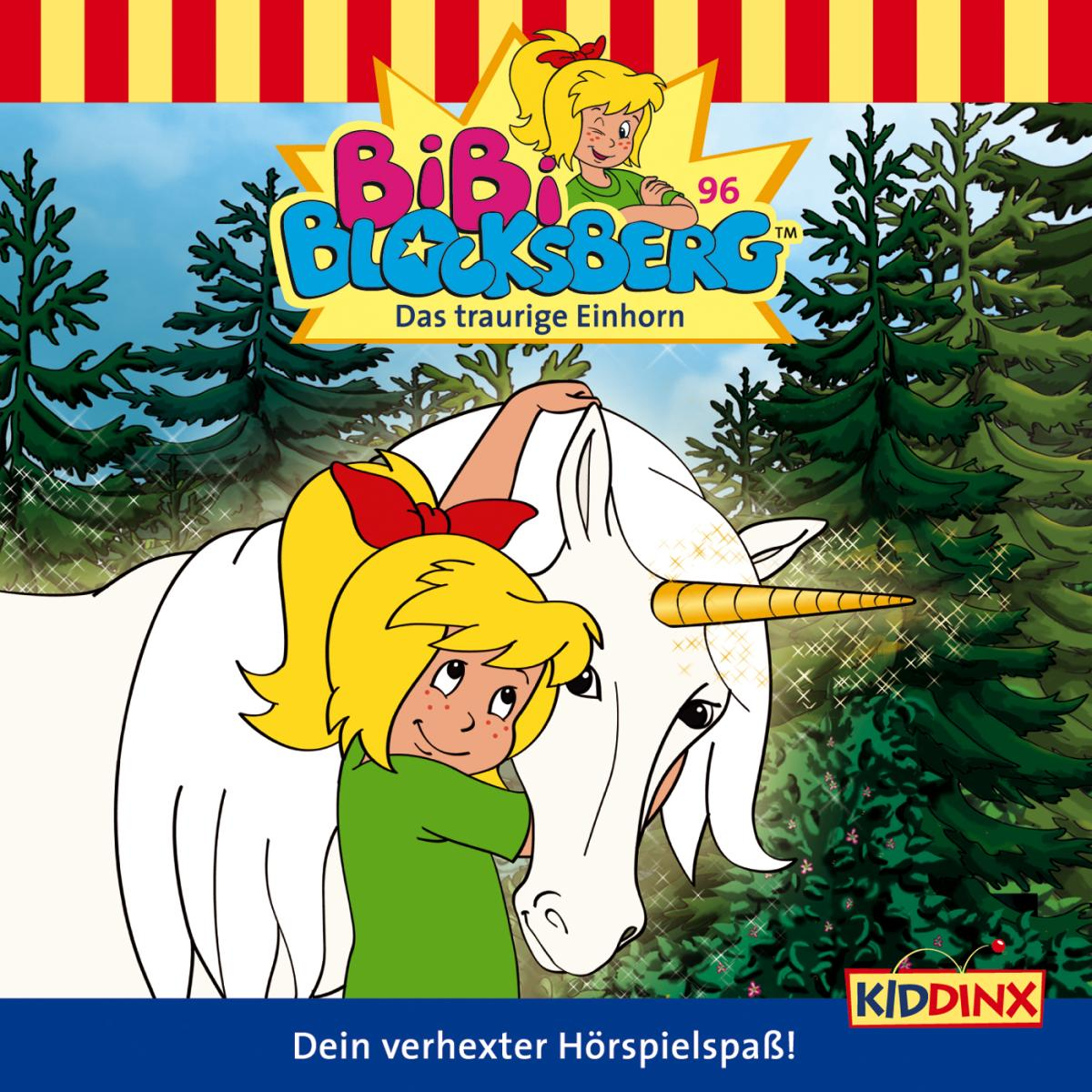 Cartoon: Blondes Mädchen auf einem weißen Einhorn, Bäume im Hintergrund, Text 'Bibi Blocksberg' und 'Das traurige Einhorn'.