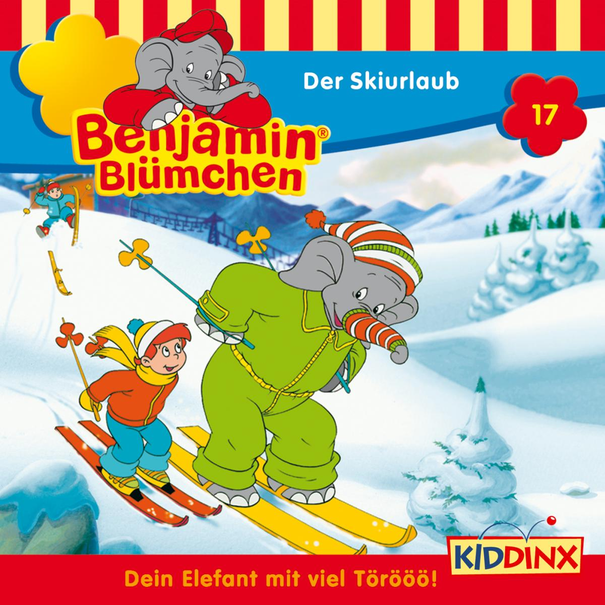 Cartoon-Cover: Elefant fährt Ski mit Junge. Titel: Benjamin Blümchen Der Skilurlaub.