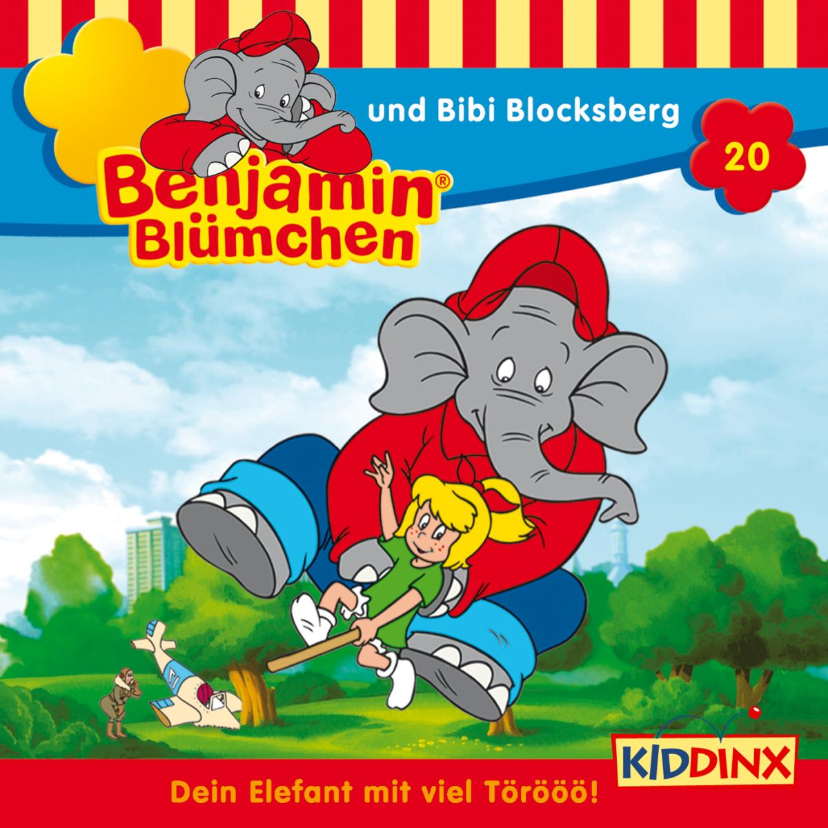 Benjamin Blümchen Albumcover. Ein Zeichentrick-Elefant und ein Mädchen. Das Album ist für Kinder.