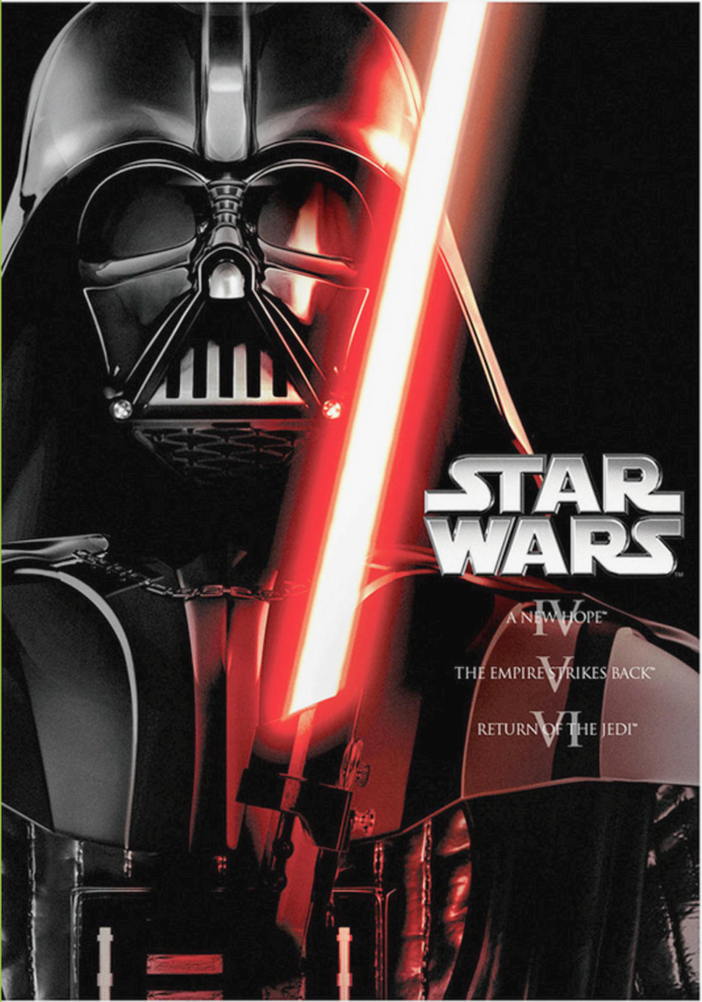 Couverture du DVD Star Wars avec Dark Vador avec un sabre laser rouge et des titres de films.