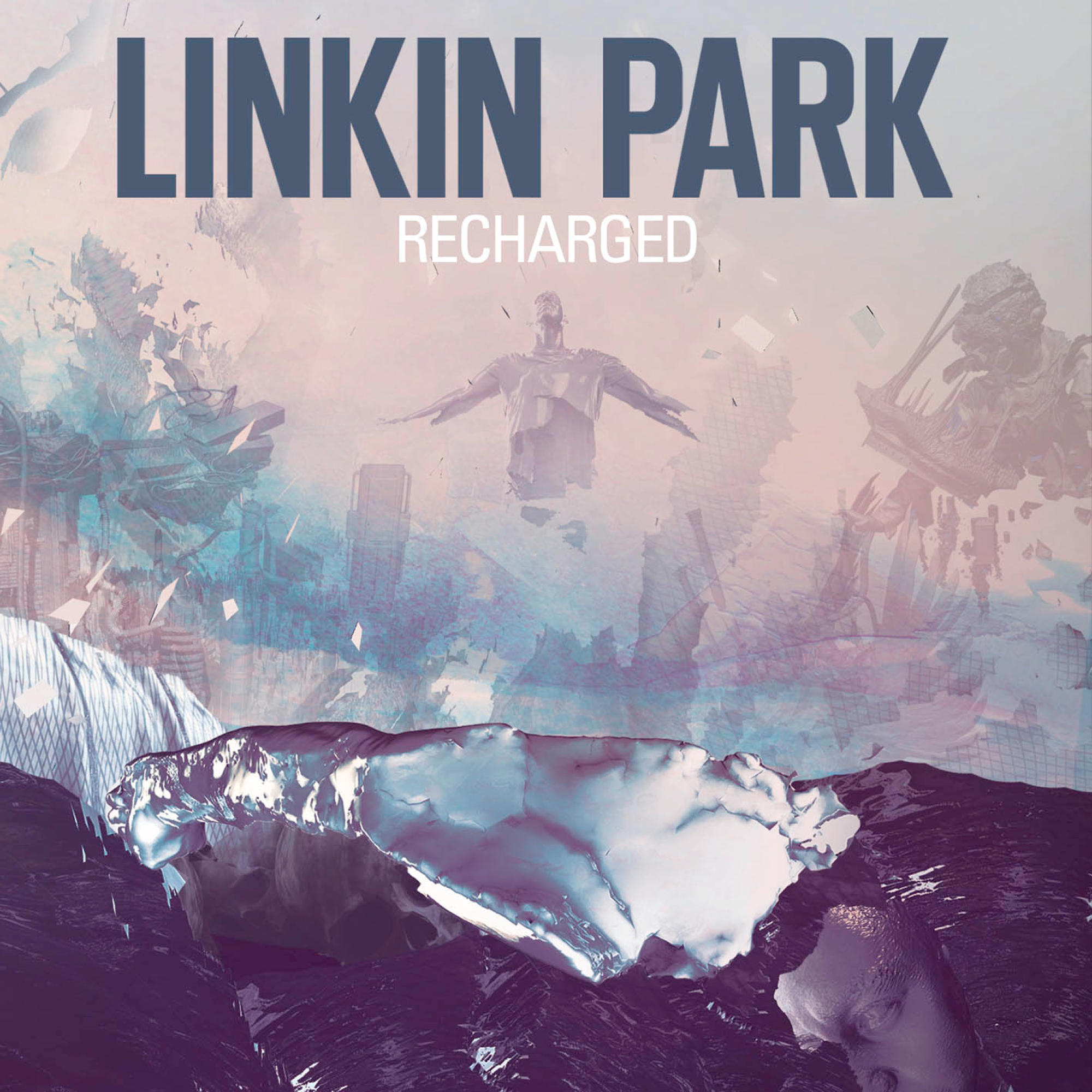 Linkin Park Albumcover mit abstrakter Kunst und einer Figur. Hintergrund mit Mischfarben.