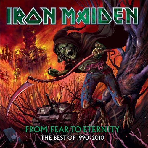 Iron Maiden album borító szörnnyel és háborús jelenettel.