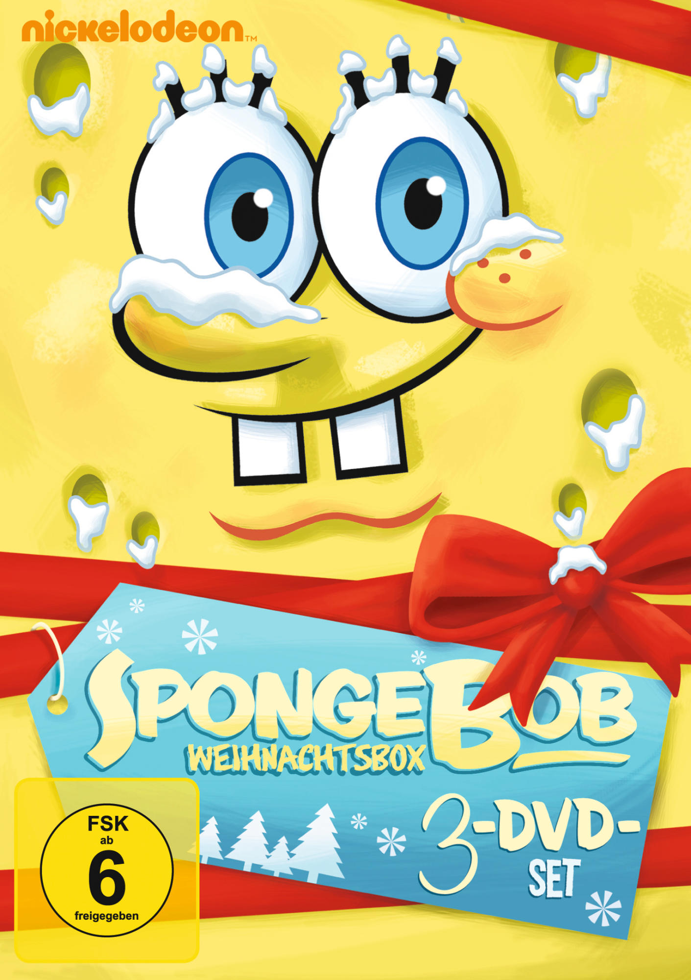 Eine SpongeBob Weihnachts-DVD-Box. Eine große rote Schleife befindet sich auf der Vorderseite.