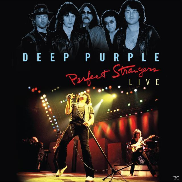 Albumcover: Deep Purple, live auf der Bühne. Bandmitglieder und Text: Perfect Strangers. Bunte Lichter.