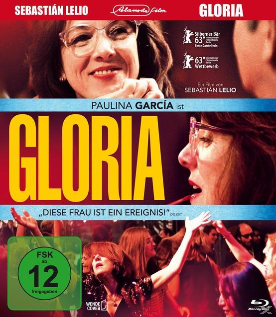 Gloria DVD-Cover. Frauenporträt, Text und Personen im Hintergrund. Gelb- und Lilatöne.