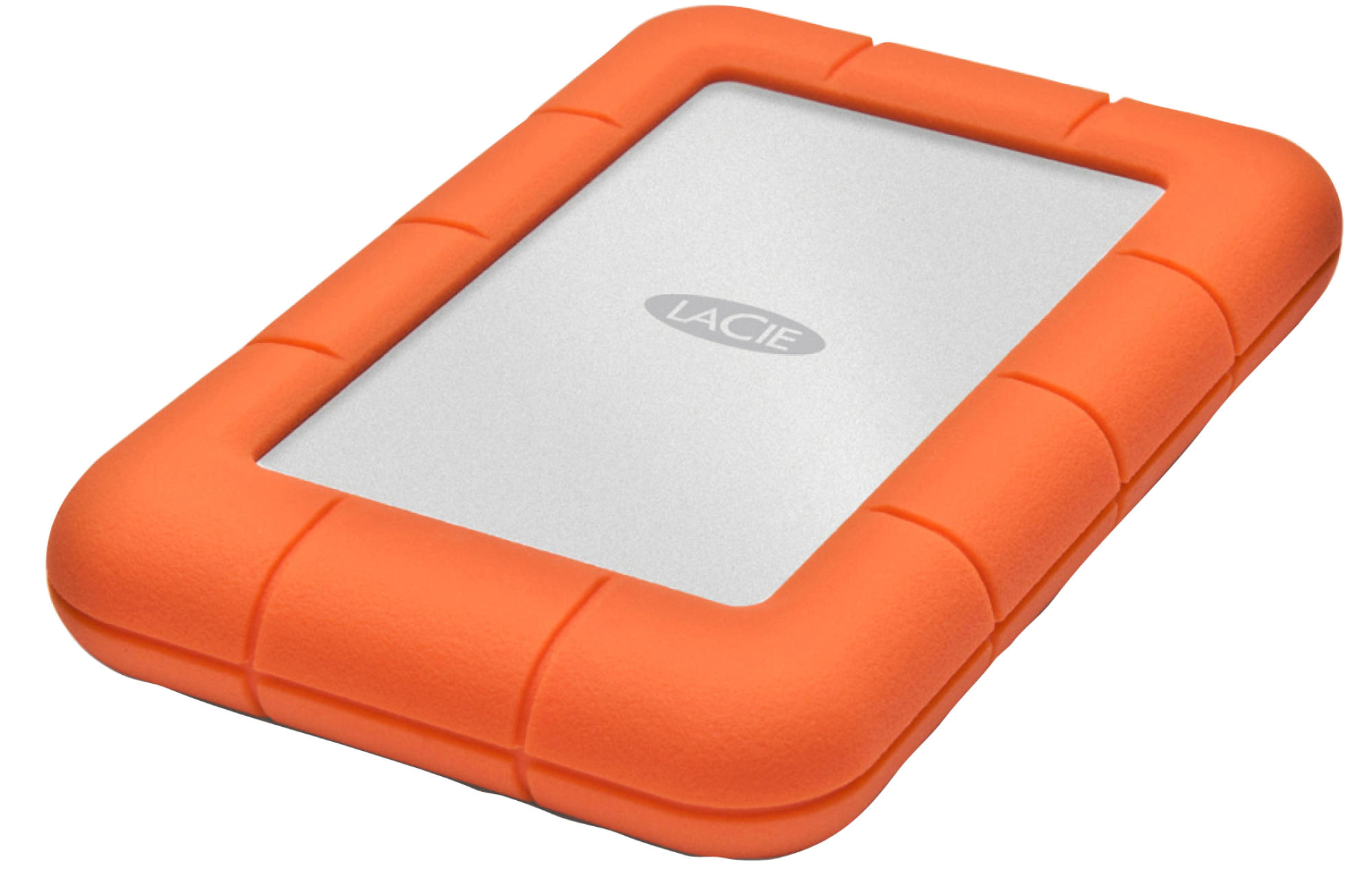 Disco duro externo LaCie naranja con superficie blanca.