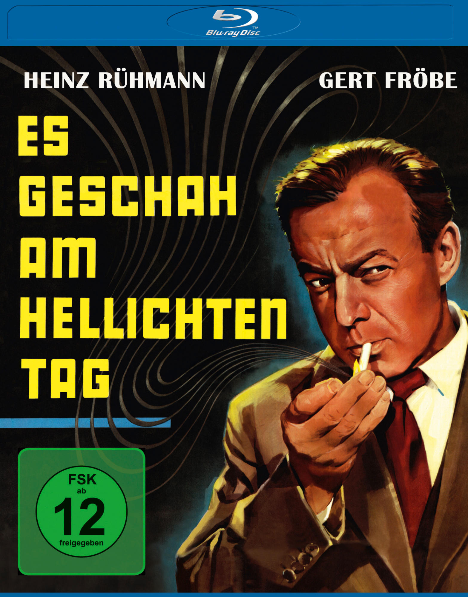 Filmposter mit einem Mann, der eine Zigarette raucht. Text auf Deutsch, blaues und gelbes Farbschema.