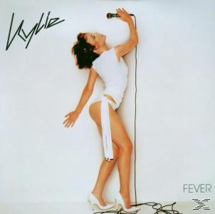 Kylie, in Weiß, posiert mit einem Mikrofon. Der Albumtitel ist Kylie, darunter das Wort "Fever".