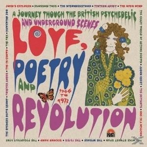 Albumcover mit Text 'Love, Poetry and Revolution', eine Frau mit Blumen und einem Schmetterling.