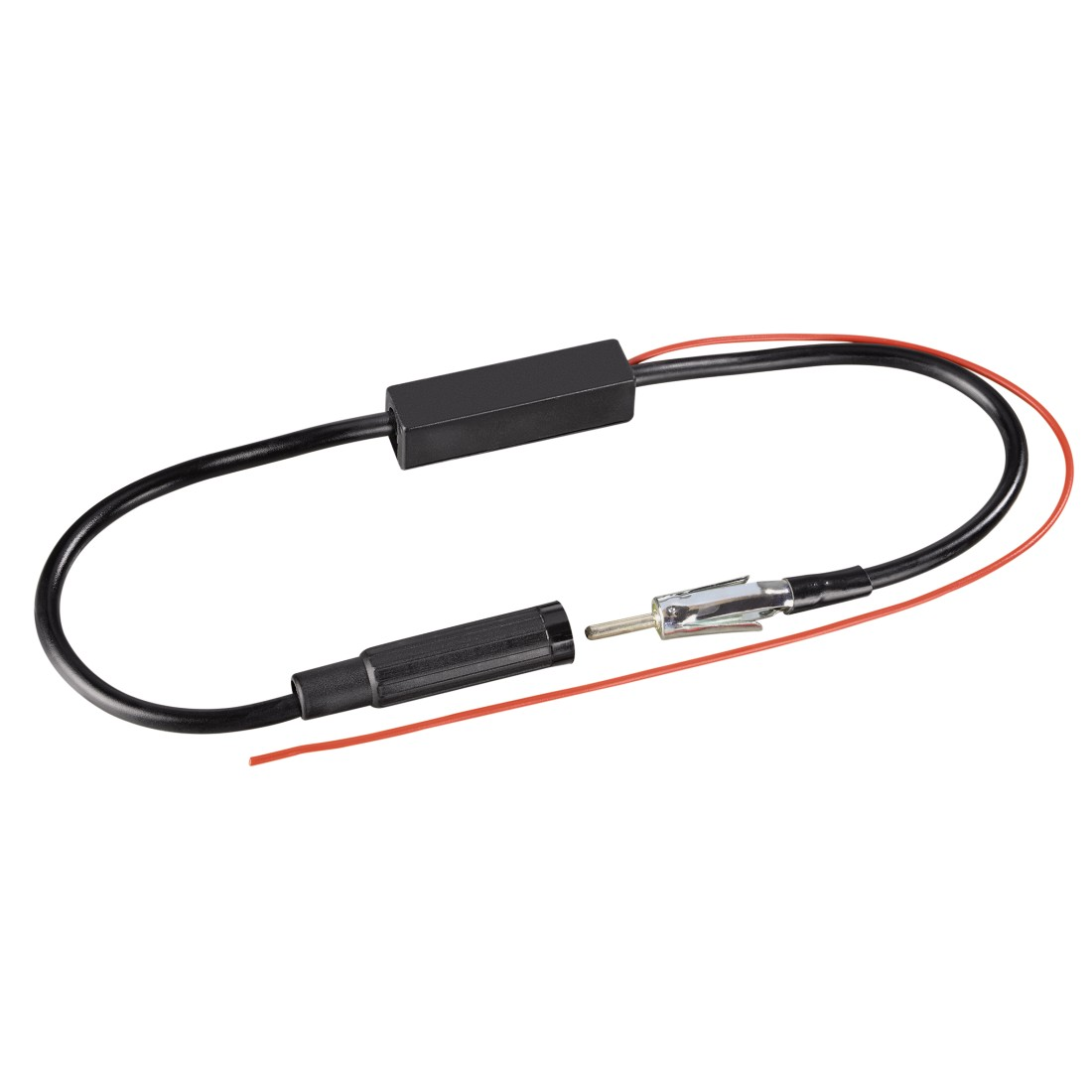 Un câble d'antenne avec un boîtier noir au milieu, un connecteur mâle et un connecteur femelle ; des fils rouges et noirs sont visibles.
