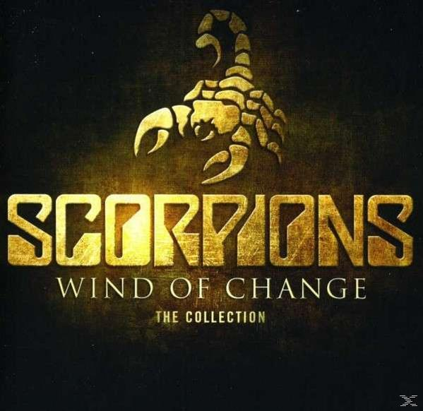 Albumhoes: Scorpions, Wind of Change, gouden tekst, schorpioen-embleem op een donkere achtergrond.