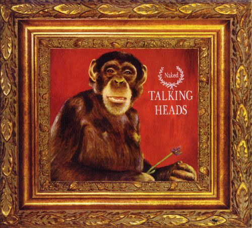 Csimpánz virágot tart, arany keretben, piros háttérrel, a szöveg: 'Naked Talking Heads'.