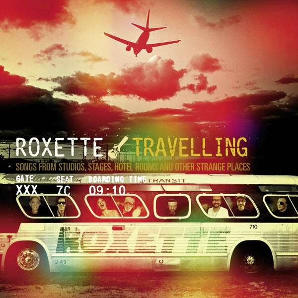 A Roxette album borítója, repülőgép az égen, busz zenekari képekkel és a Travelling szöveggel.