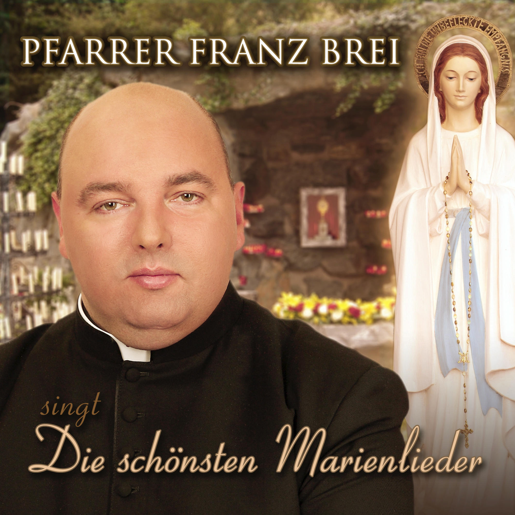 Mann in Schwarz, mit einer Statue der Jungfrau Maria. Text auf Deutsch: 'Die schönsten Marienlieder'.