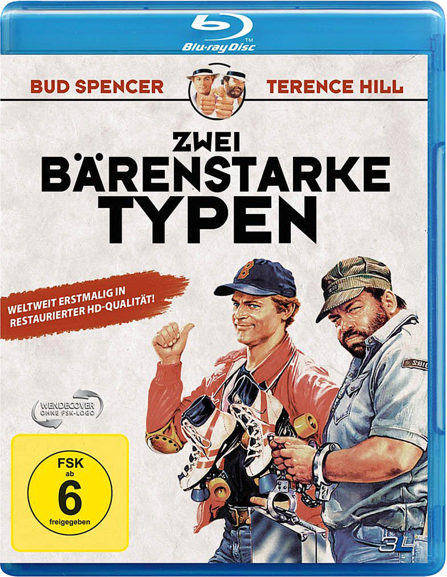 Filmcover: Zwei Männer vor blauem Hintergrund. Text: Zwei Bärenstarke Typen. Comic-Stil Bild.