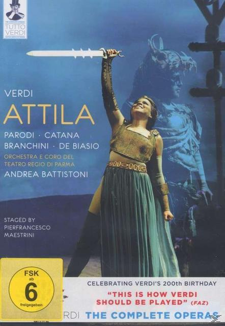 DVD-Cover von Verdis Attila. Eine Frau in Kostüm hält ein Schwert. Text: Verdi, Attila.