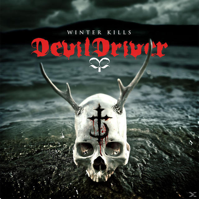 Albumcover. Schädel mit Geweih. DevilDriver in roten Buchstaben.