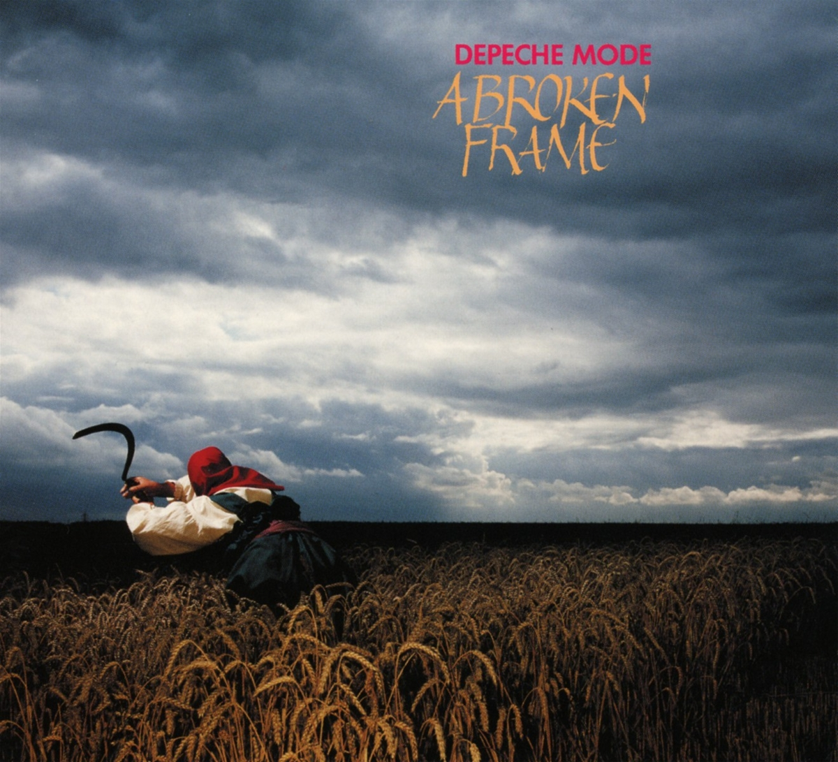 Albumcover. Feld mit Mann mit rotem Hut. Titel: Depeche Mode - A Broken Frame.
