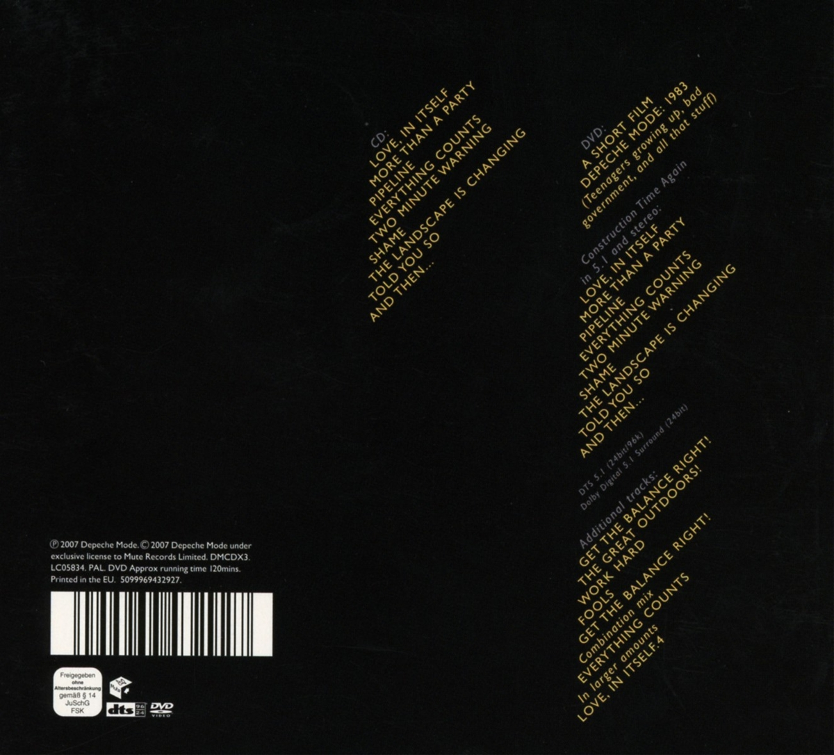 Rückseite eines Depeche Mode CD-Covers. Text listet Songtitel und Credits auf. Copyright 2007.