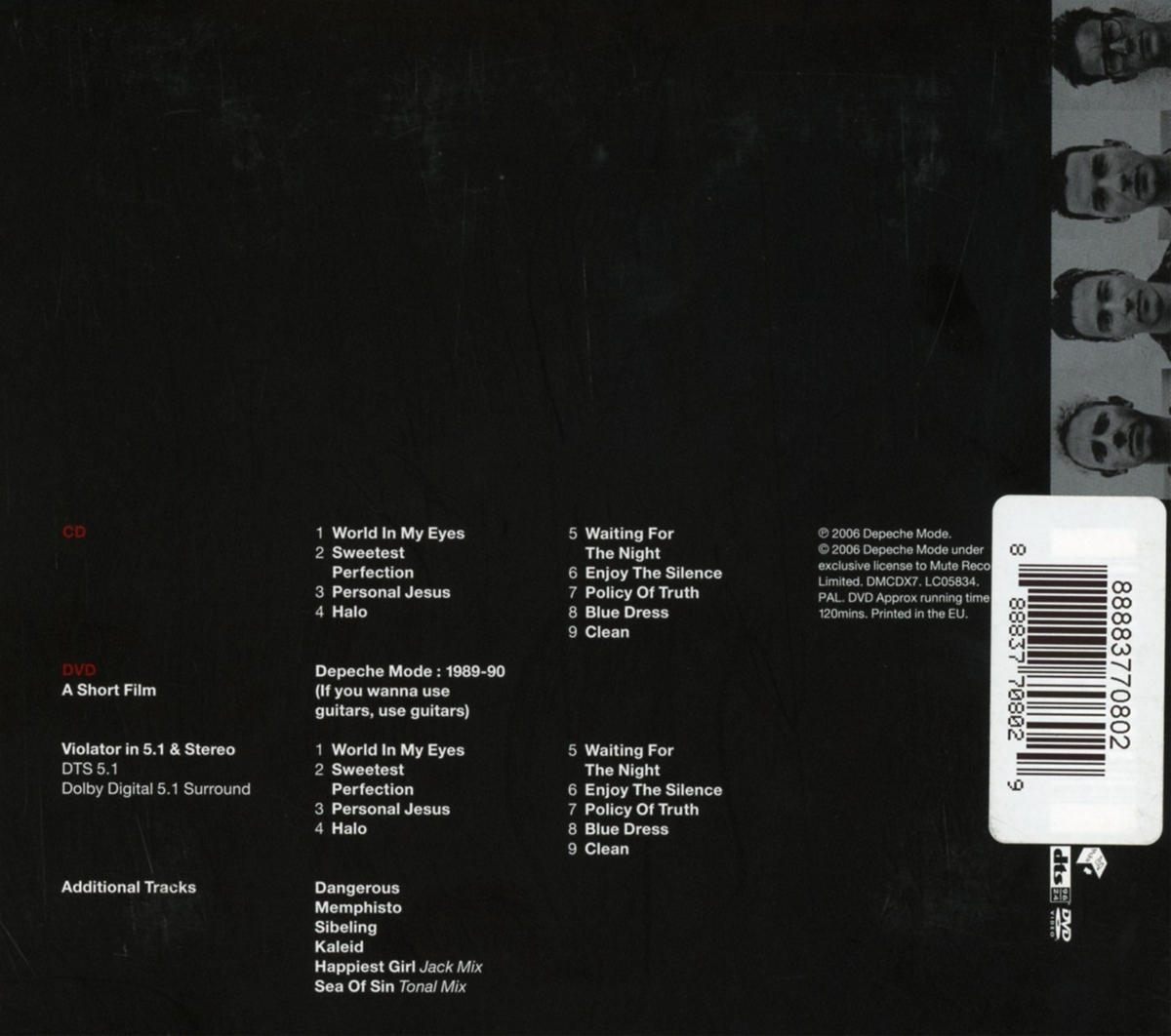 CD-Cover des Depeche Mode-Albums mit Titellisten und Fotos der Bandmitglieder.