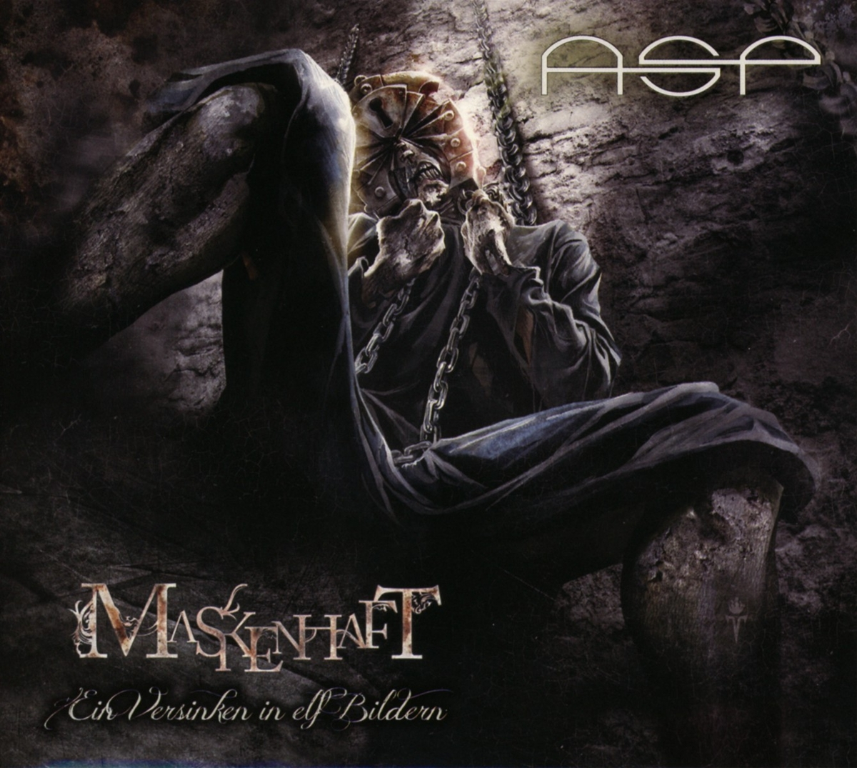 Albumcover für 'Maskenhaft' von ASP, mit einer gefesselten Figur in einer Maske, dunkel, mit dem ASP-Logo oben.