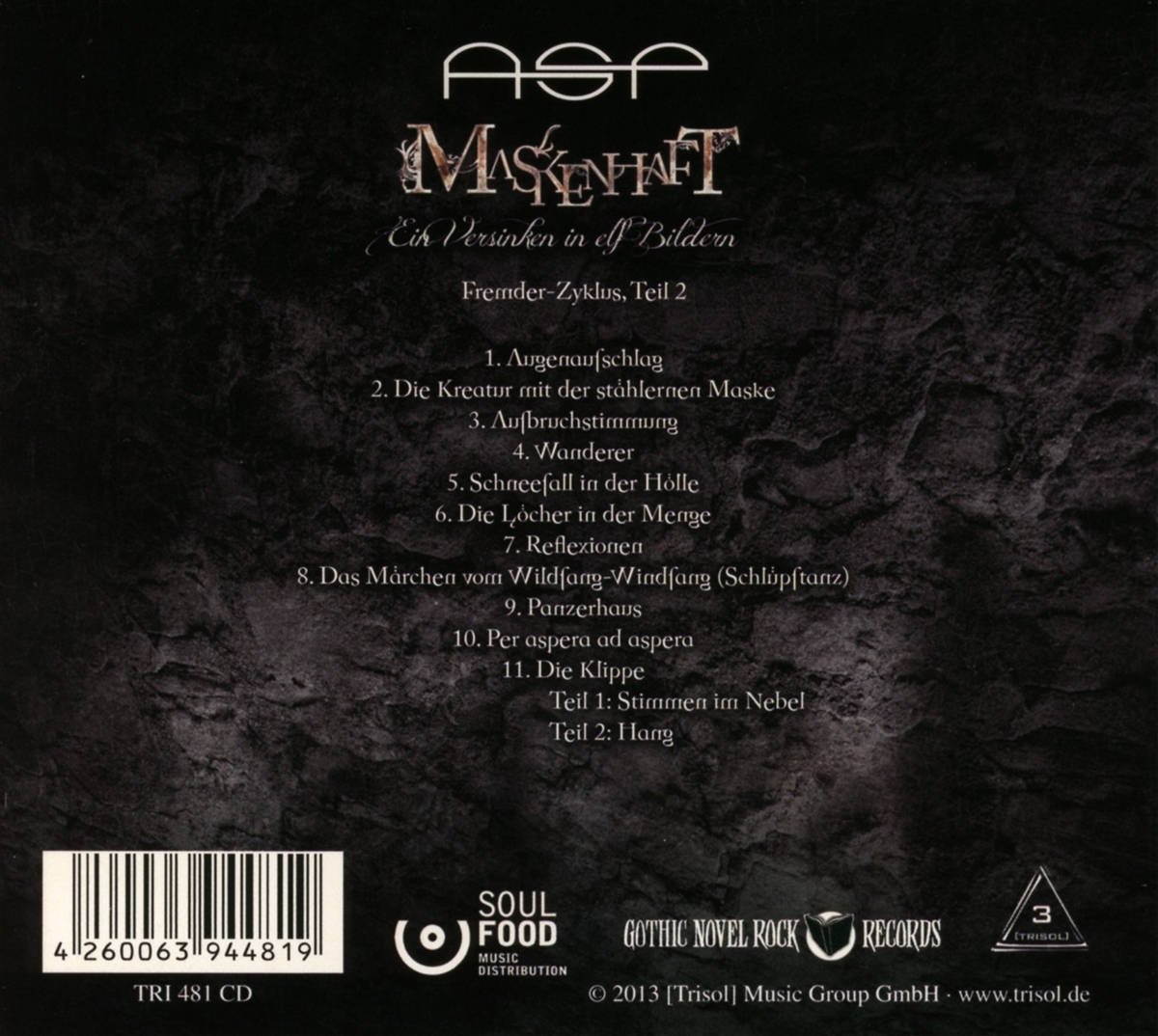 Asa Maskenhaft Albumcover. Text und Trackliste auf dunklem Hintergrund. Gothic Novel Rock Records Logo.