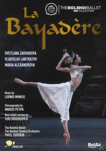 La Bayadère Ballett-DVD-Cover. Eine Ballerina in weißem Kleid in einer Tanzpose mit Text.