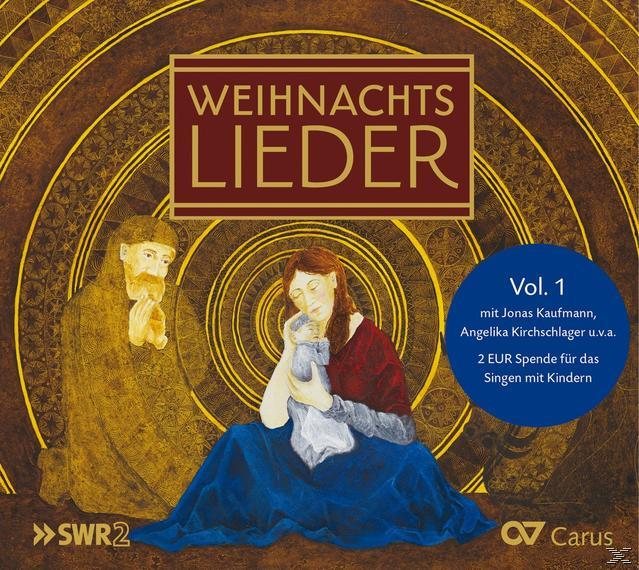 Illustration eines Paares und eines Babys. Die Worte 'Weihnachtslieder' stehen oben.