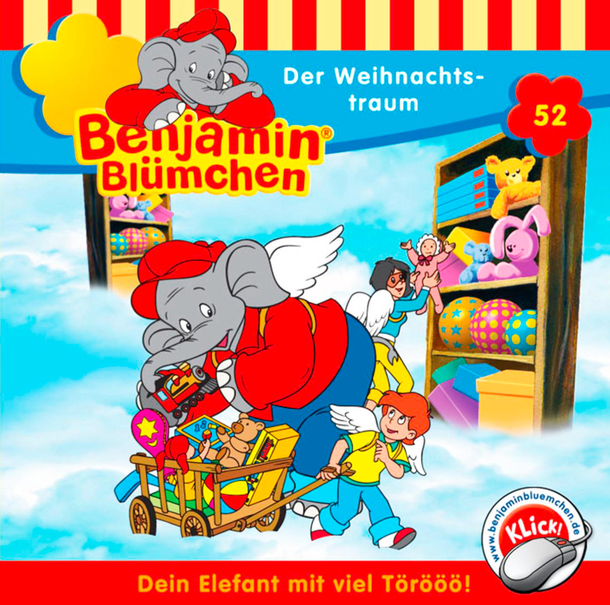 Cartoon-Cover mit einem Cartoon-Elefanten, einem Jungen und verschiedenen Spielzeugen. Der Hintergrund ist ein farbenfrohes Zimmer.