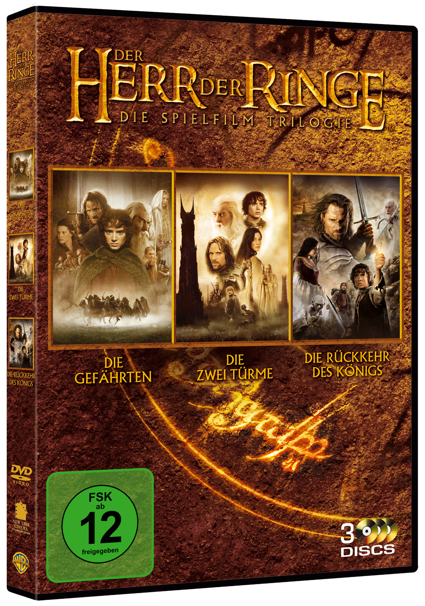 Box-Set-Cover mit drei Filmplakaten. Titel 'Der Herr der Ringe Die Spielfilm Trilogie'.