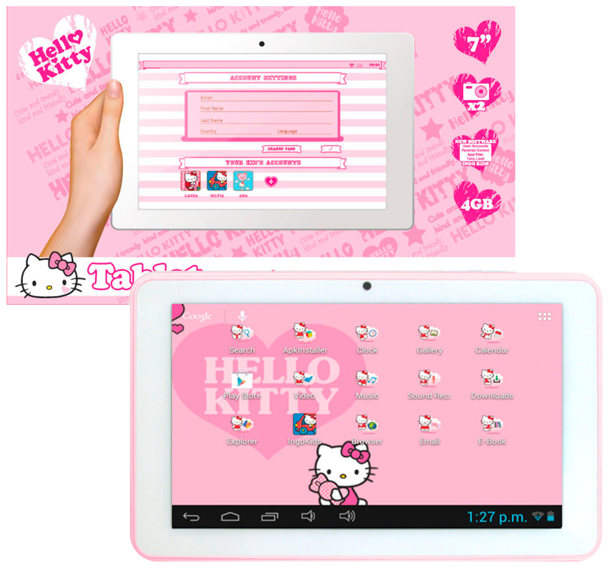 Tablet infantil - Ingo Hello Kitty 7 pulgadas, 4 GB, WiFi