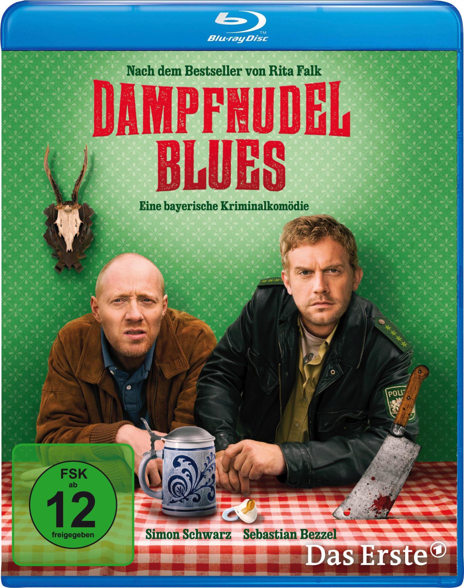 Filmposter: Zwei Männer, einer in Uniform, mit Bier und Hackbeil.
