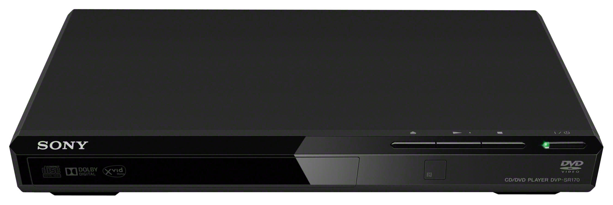 Schwarzer Sony DVD-Player. Die Vorderseite hat eine schwarze Platte und eine glänzende Oberfläche.