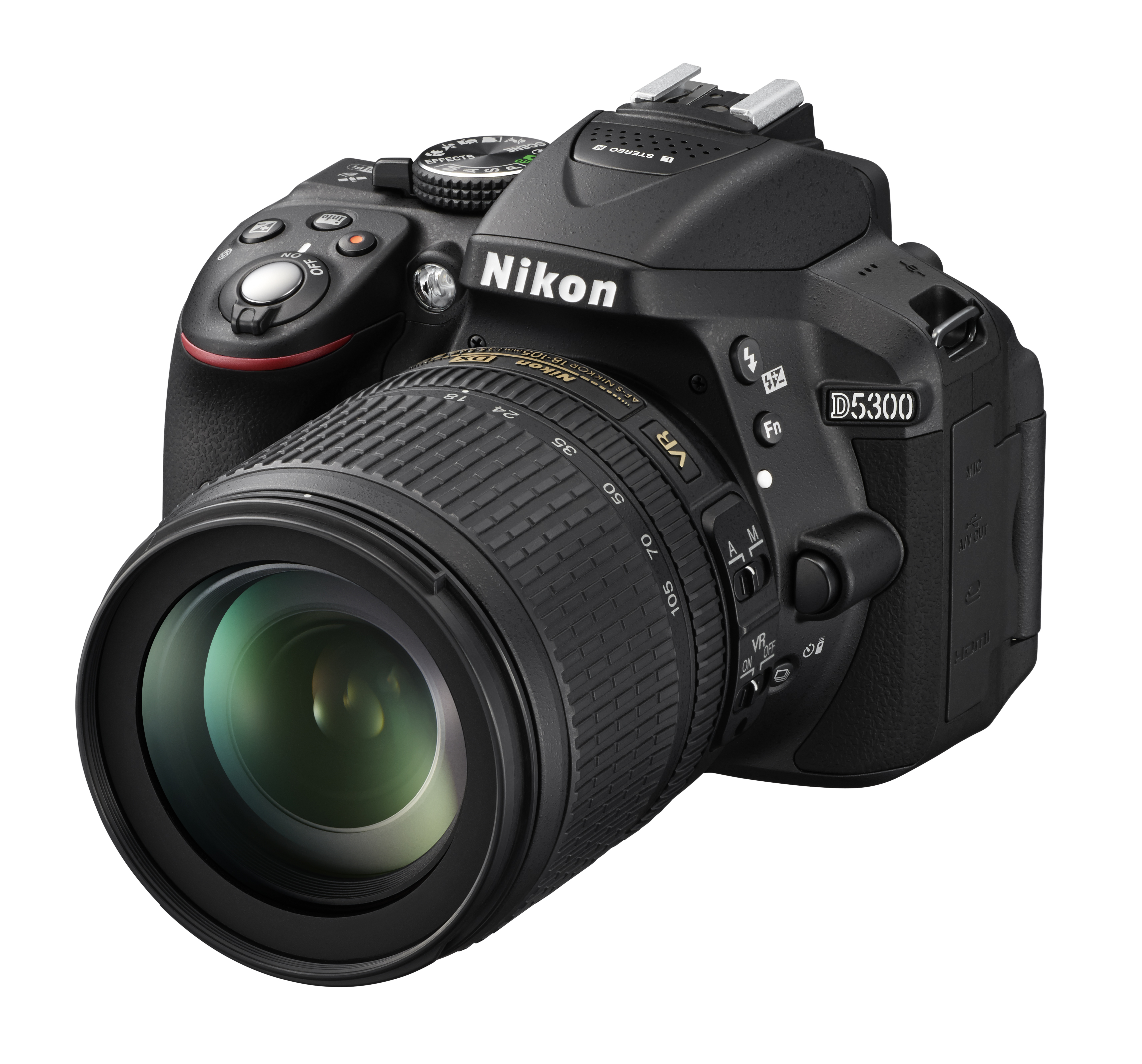 NIKON D5300 Kit Spiegelreflexkamera, 24,2 Megapixel, 18-105 mm Objektiv (AF-S, DX, ED, VR), WLAN, Schwarz