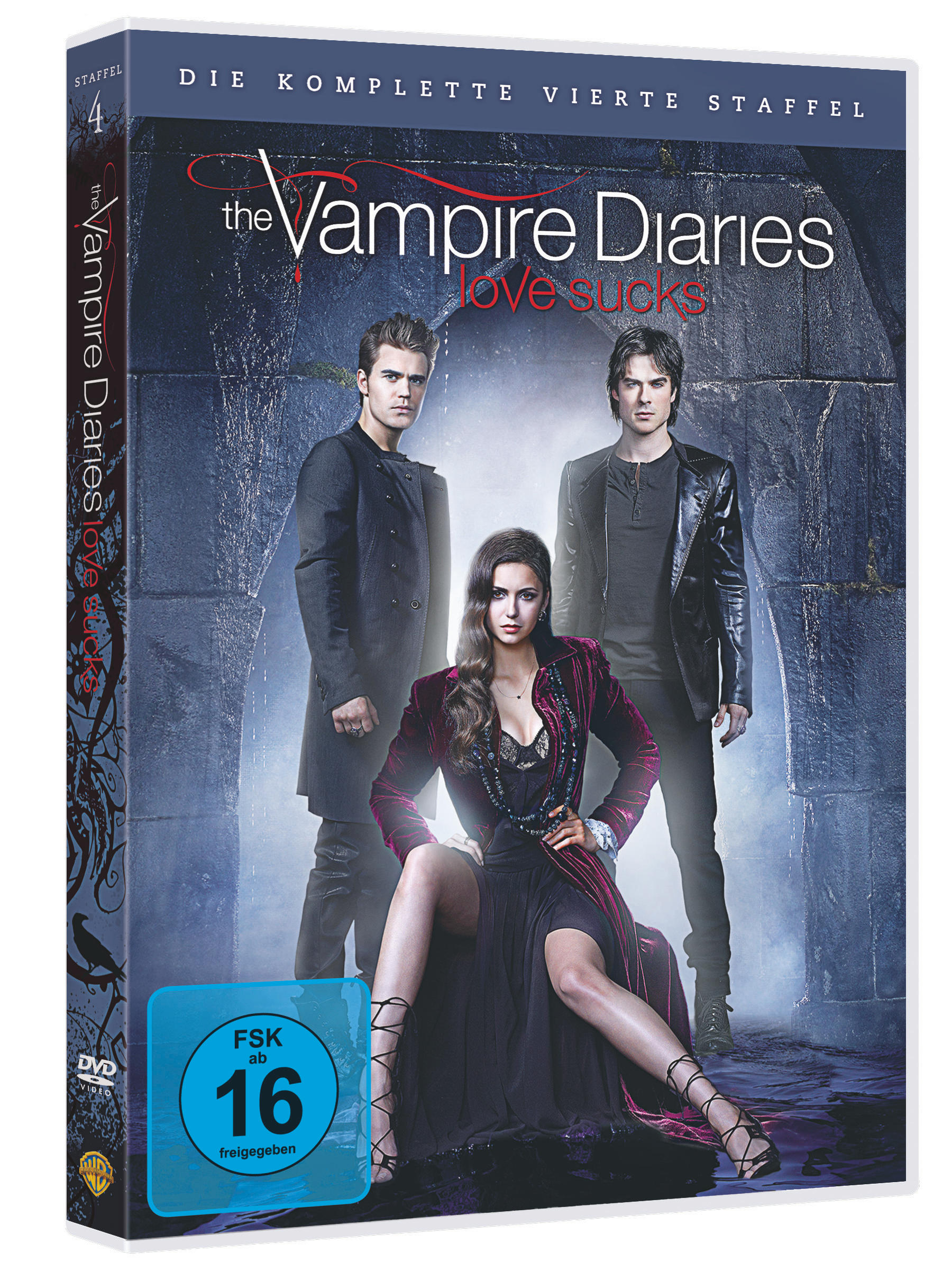 The Vampire Diaries: Love Sucks DVD-Cover mit drei Schauspielern.
