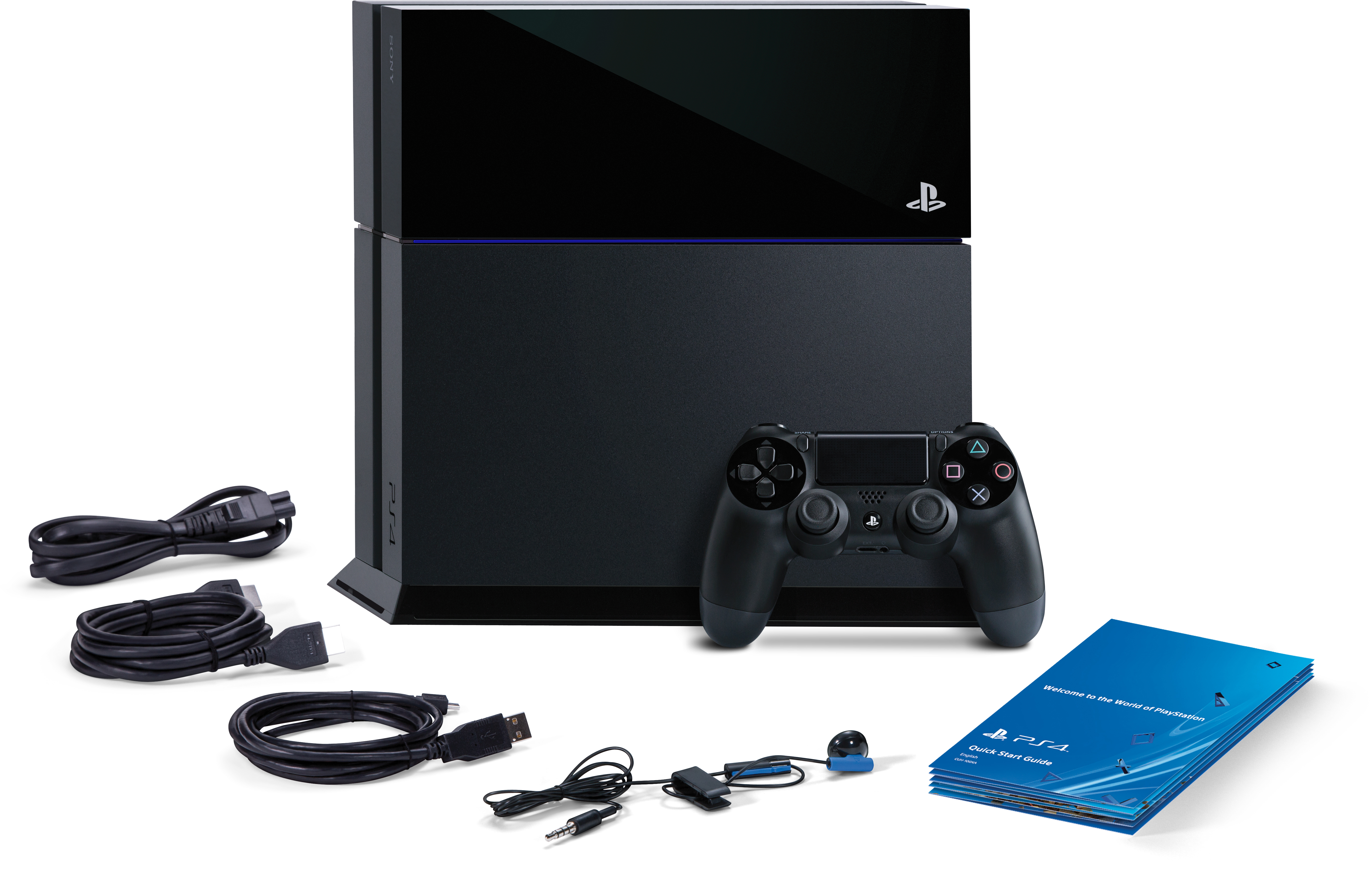 PlayStation 4 Konsole mit Zubehör. Schwarze Konsole mit Controller und Kabeln auf weißem Hintergrund.