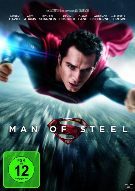 Man of Steel Filmplakat. Superman fliegt über eine Stadt. Stars Henry Cavill.