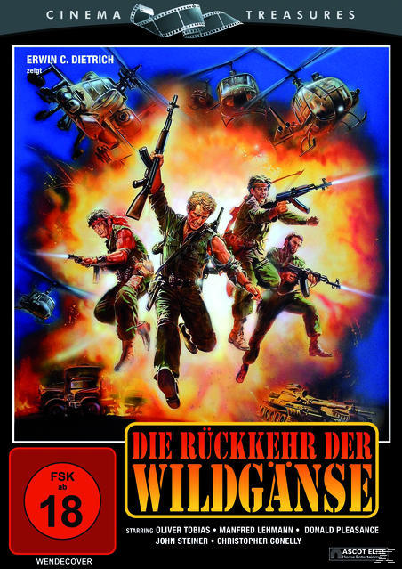 DVD-Cover: Soldaten mit Waffen in einer feurigen Explosion. Titel: 'Die Rückkehr der Wildgänse'.