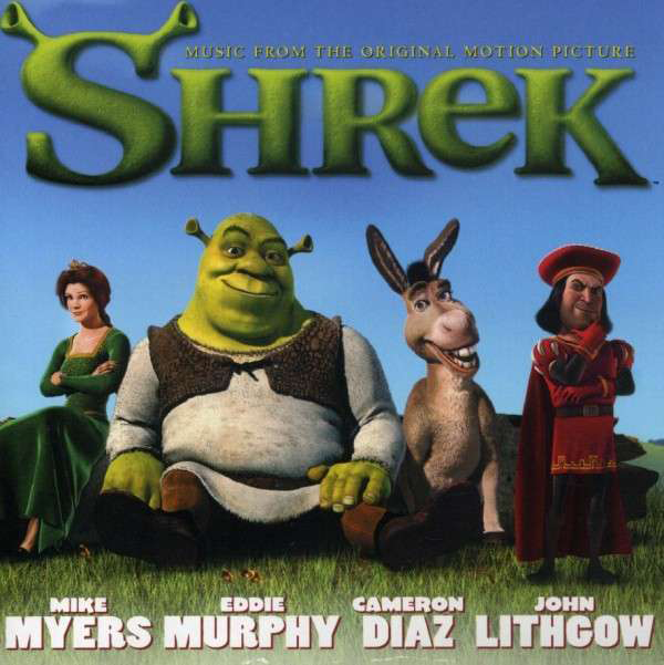 Shrek film borító rajzfilmfigurákkal: Shrek, Fiona, Szamár és Lord Farquaad.