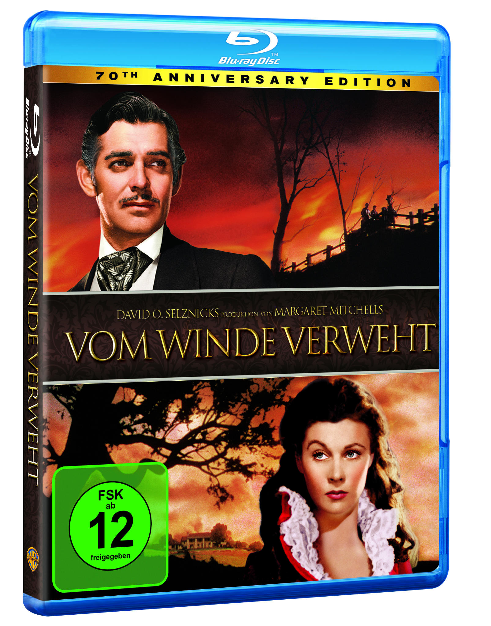Vom Winde Verweht Blu-ray Cover: Clark Gable und Vivien Leigh, roter Hintergrund, blaue Hülle.