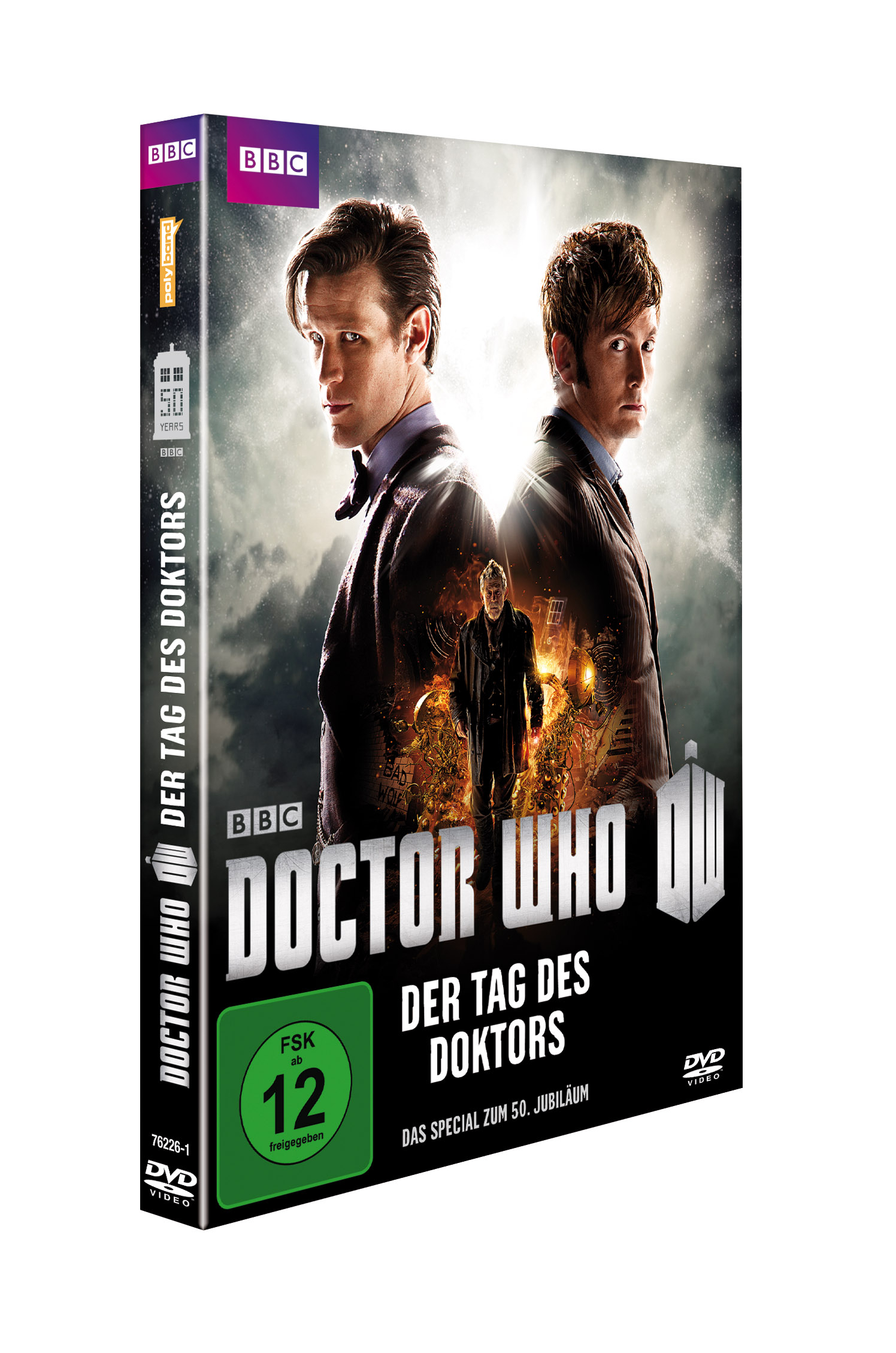 Doctor Who DVD-Cover mit zwei Doktoren, dunklem Hintergrund mit einer Stadt und BBC-Logo.