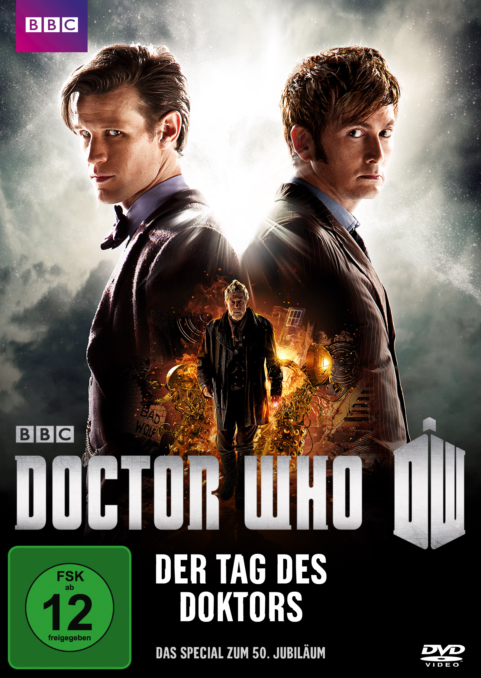 Doctor Who DVD-Cover: Drei Doktoren, mit dunklem Hintergrund und dem Logo und Titel der Show.