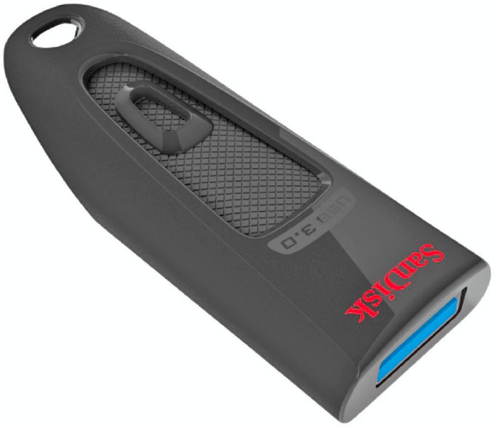 Grauer USB-3.0-Flash-Laufwerk mit blauem USB-Anschluss und rotem SanDisk-Logo.